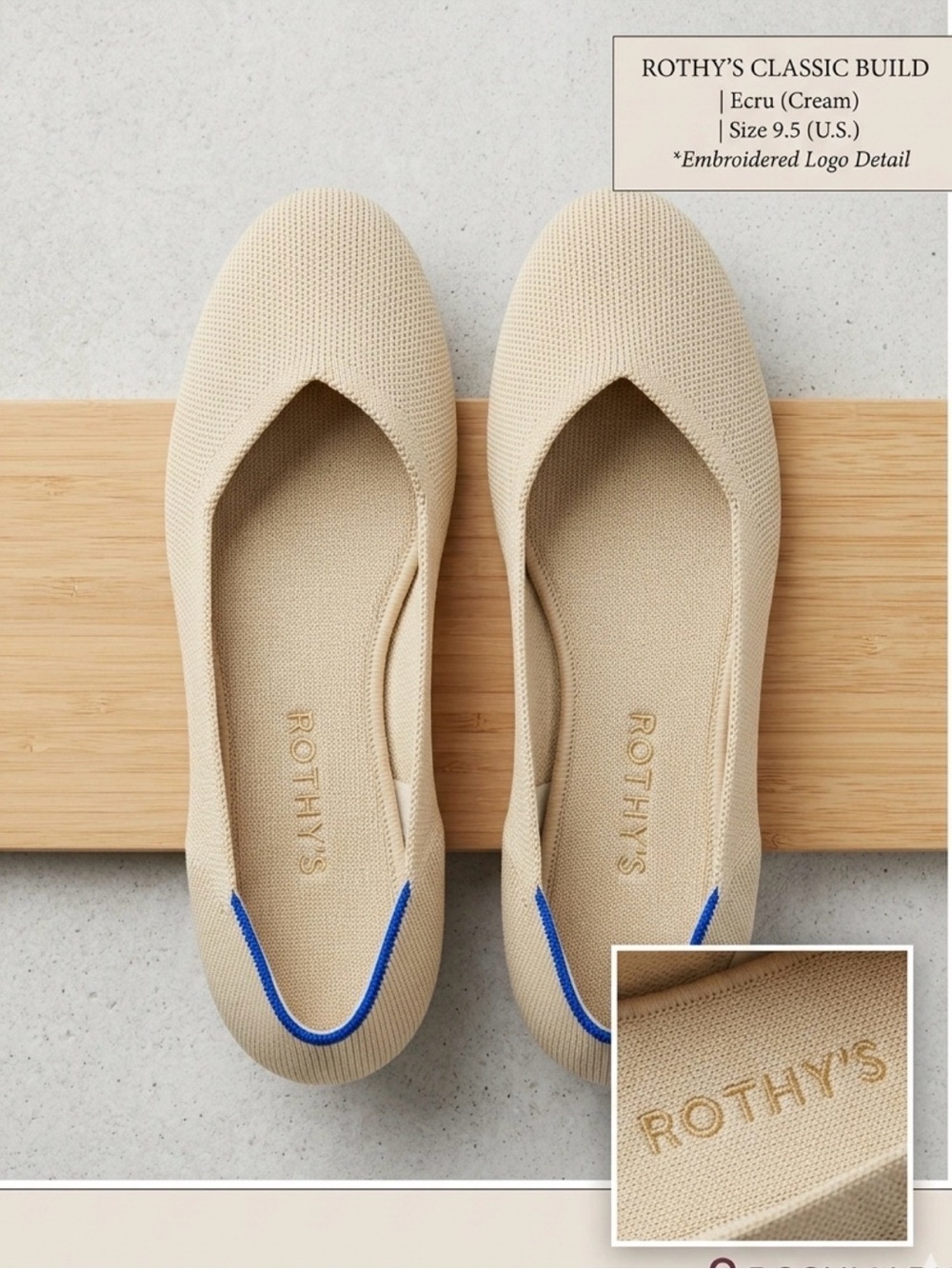 Rothy’s Classic Round Toe Flats in Ecru Cream - Size 9.5  Embroidered Logo
